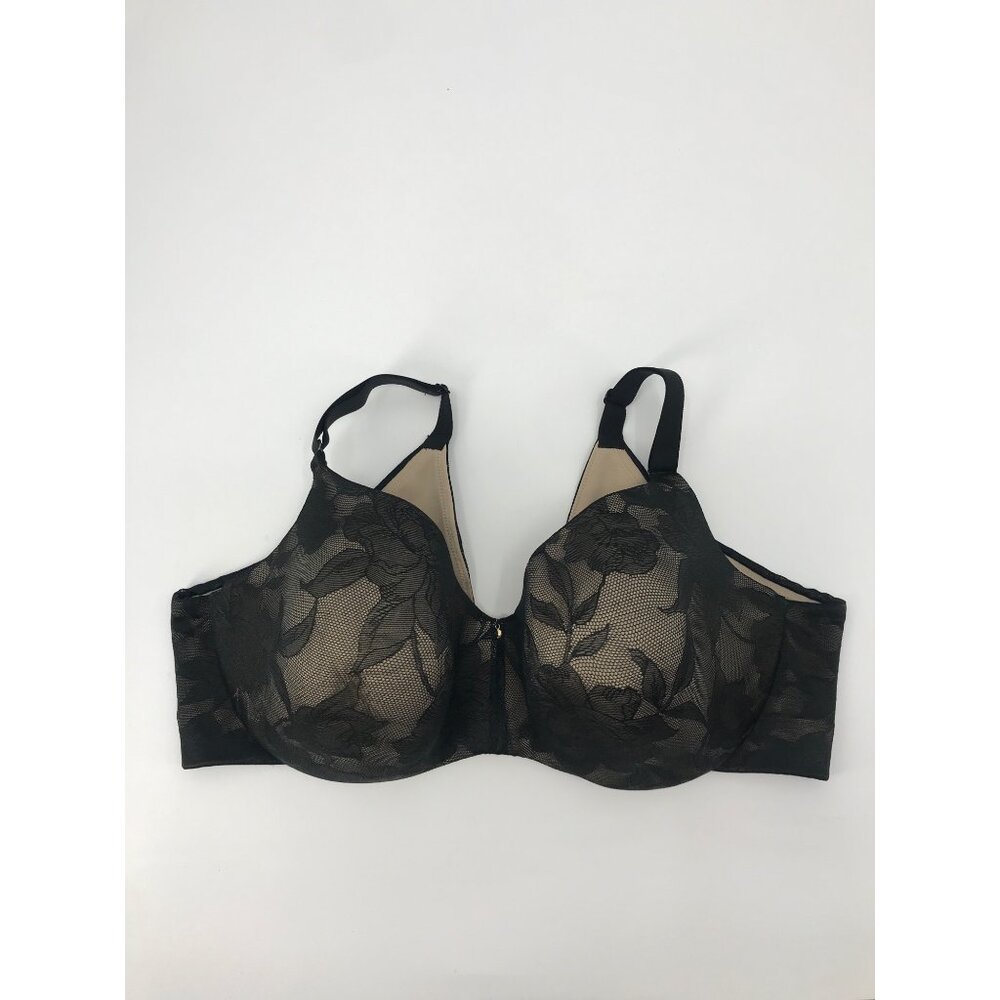 Cacique Lightly Lined Balconette Floral Lace Trim Bra Black 44DDD
